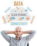 Relaxed mature businessman with hands behind head against cloud computing