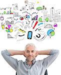 Relaxed mature businessman with hands behind head against brainstorm graphic