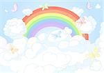 Flying butterflies against the backdrop of the beautiful sky with rainbow