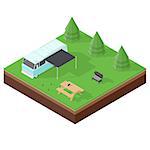 Camping RV outdoor vacation isometric icon set vector graphic illustration