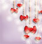 Illustration glowing background with hanging hearts for Valentine Day, copy space for your text - vector