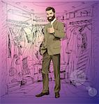 Vector hipster business man with beard shows well done on shopping