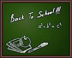 Blackboard with Back to school title and sketch drawing.