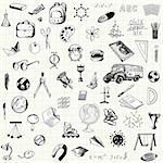 Set of doodle education icons on checkered paper sheet