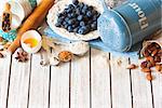Blueberry pie preparation. Fresh food ingredients for baking.