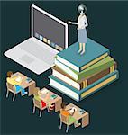 Education Concept. Vector 3d flat isometric with teacher, classroom and students