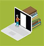 Knowledge Concept. Door to the knowledge. Vector 3d flat isometric with student is opening the door
