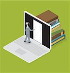 Startup Concept. Door to the knowledge. Vector 3d flat isometric with businessman is opening the door to big business