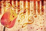 Vintage grunge background with tulip and music notes.