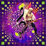 Illustration of abstract musical background with music notes and guitar player.