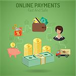 Vector illustration in style Flat and Line different icons on theme of Online Payments, delivery of goods, such as Money, Sale, Support, Piggy Bank, cash signs and symbols