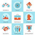 Business Thin Lines Color Web Icon Set with Flat elements for Flyer, Poster, Web Site Like Strategy, Research, Teamwork, Success
