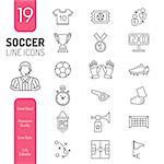 Soccer and Football Thin Lines Icon Set for Flyer, Poster, Web Site Like Referee, Goal, Ball and Trophy