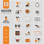 Soccer and Football Icon Sticker Set for Flyer, Poster, Web Site Like Referee, Ball and Trophy. Vector Illustration.