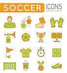 Soccer and Football Thin Lines Color Web Icon Set with Flat Elements for Flyer, Poster like Referee, Ball and Trophy.