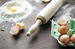 Close up of baking preparation with flour and eggs