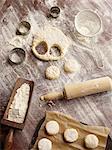 Overhead view of scone dough and pastry cutters