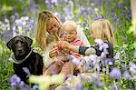 Mother sitting with children and dog in bluebell forest