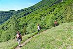 Three mature hikers hiking along hillside path, Grigna, Lecco, Lombardy, Italy