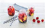 Three preserving jars with strawberries, blueberries and pineapple stars in the colours of the American flag