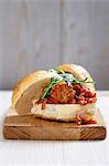 A turkey meatball sandwich with a tomato and onion sauce