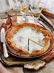 A light lemon tart made from puff pastry, sliced