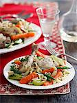 Braised chicken with vegetables and shell pasta