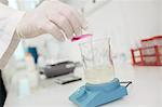 Scientist pouring liquid into beaker in laboratory