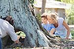 Young family exploring hollowed out tree trunk