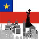 The national flag of the Chile and the contour image of architectural landmarks of this country. Illustration on white background.