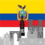 The national flag of the Ecuador and the contour image of architectural landmarks of this country. Illustration on white background.