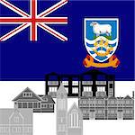 The national flag of the Falkland Islands and the contour image of architectural landmarks of this country. Illustration on white background.