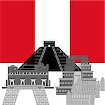 The national flag of the Peru and the contour image of architectural landmarks of this country. Illustration on white background.