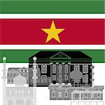 The national flag of the Suriname and the contour image of architectural landmarks of this country. Illustration on white background.