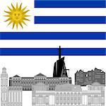The national flag of the Uruguay and the contour image of architectural landmarks of this country. Illustration on white background.