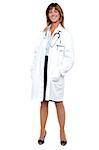 Full length portrait of pretty physician posing with hands in her coat pocket.