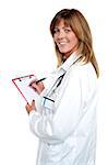 Isolated beautiful smiling physician writing on clipboard.