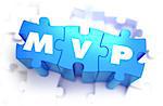 MVP - White Text on Blue Puzzles on White Background and Selective Focus. 3D Render.