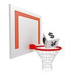 Cube with currency signs in the basketball hoop on a white background