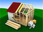 3d illustration of frame house building, summer grass and sky background