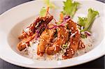 teriyaki chicken with salad and rice on tray