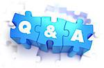 Question and Answer - White Text on Blue Puzzles on White Background and Selective Focus. 3D Render.