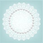 Template for wedding, invitation or greeting card with lace fabric doily and pearls