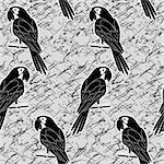 Seamless pattern, cartoon black and white silhouettes parrots on abstract grey background. Vector