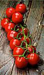 Perfect Ripe Cherry Tomatoes on Stem closeup on Rustic Wooden background