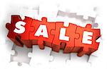 Sale - White Word on Red Puzzles on White Background. 3D Render.