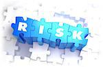 Risk - White Text on Blue Puzzles and Selective Focus. 3D Render.