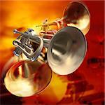 abstract red musical background with piano drums and trumpet