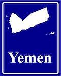 sign as a white silhouette map of Yemen with an inscription on a blue background