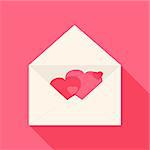 Open envelope with hearts inside. Flat stylized object with long shadow